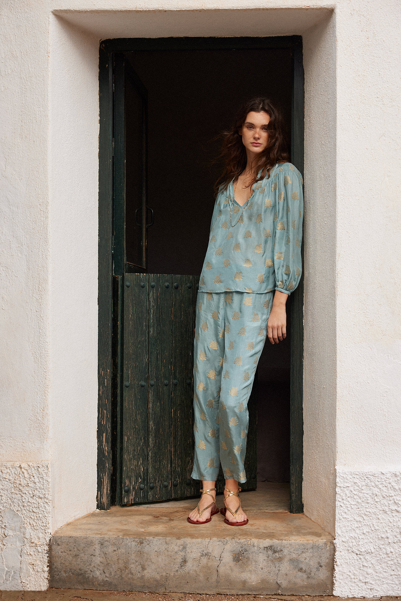 Calças Cora Flowy com Lurex - Verde