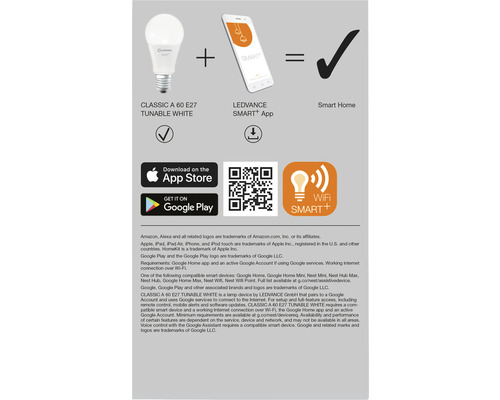 Ledvance Smart WIFI LED-lamp, dimbaar, A60 E27/9W (60W) mat, 806 lm, 2700-6500 K, warm wit-daglichtwit