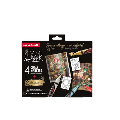 Coffret de Noël CHALK MARKERS – Thème traditionnel - 4 marqueurs craie pointe medium avec 2 illustrations à reproduire offertes – couleurs traditionnelles - blanc, or, vert métal, rouge