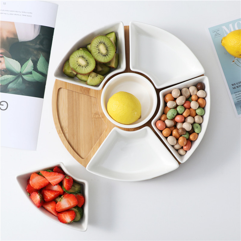(7-tlg. Set) Ø29cm Keramik Servier Schalen Apéro Drehteller Snack Schälchen inkl. Holz Serviertablett für Tapas / Bowls / Dessert