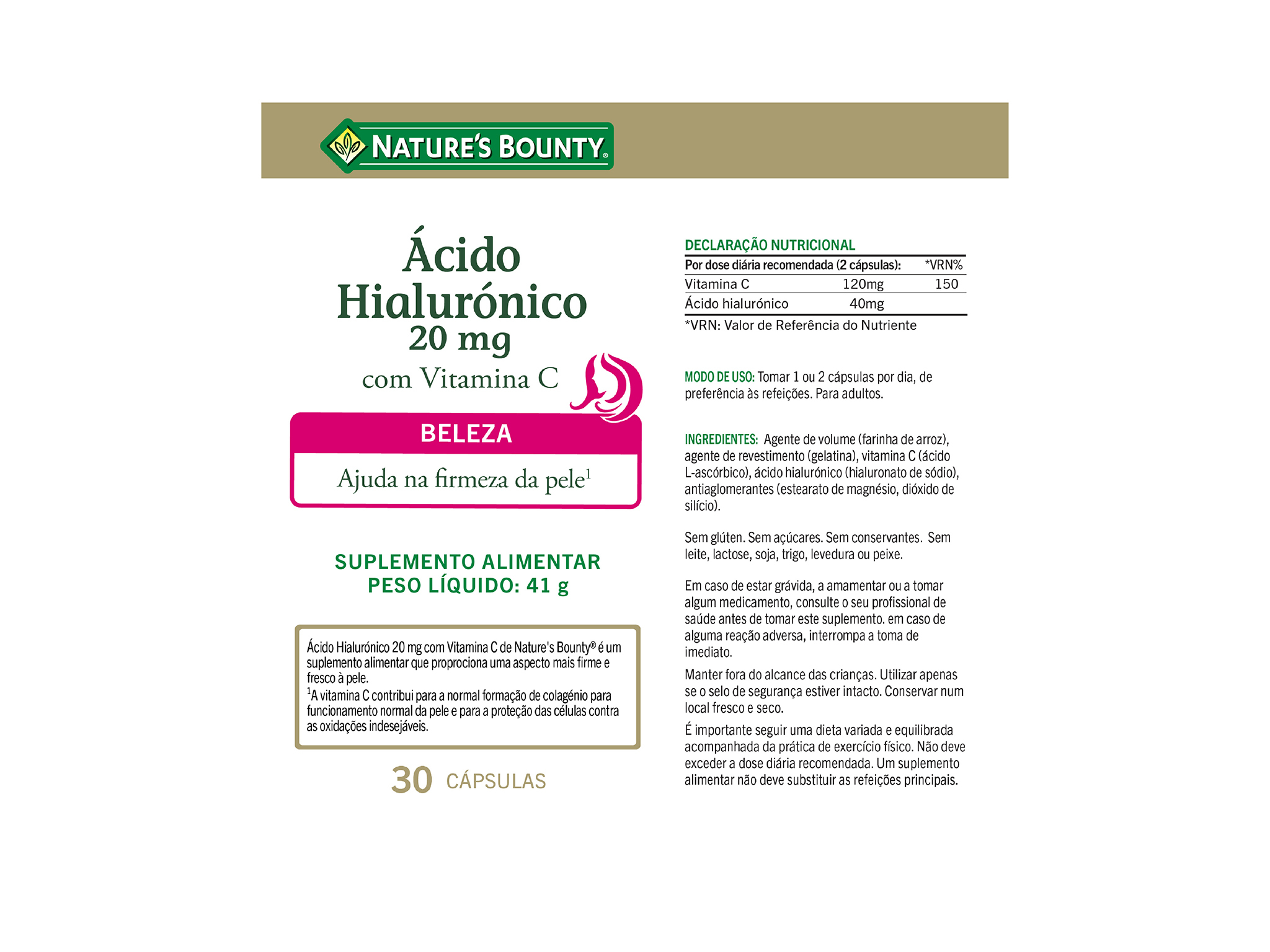 SUPLEMENTO NATURE?S BOUNTY ÁCIDO HIALURÓNICO 20 MG 30 CPS