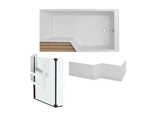 Pack baignoire bain douche antidérapante 180 x 90 JACOB DELAFON Neo blanc mat - v.droite + pare bain noir mat + tablier