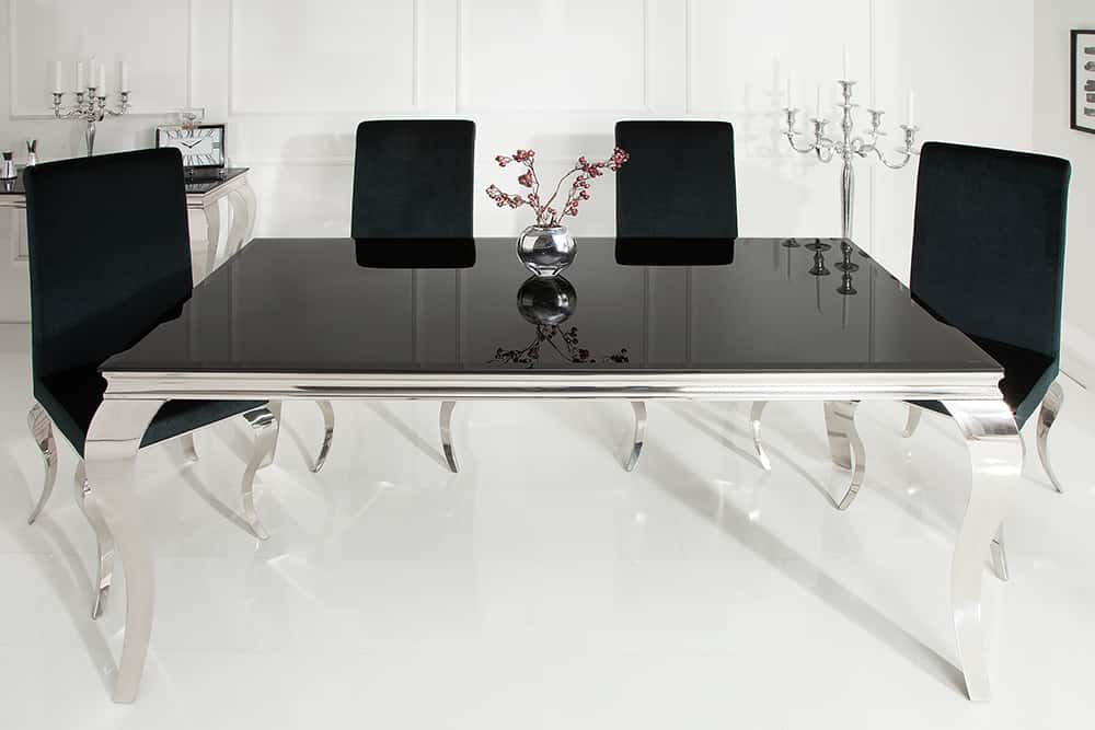 Eleganter Design Esstisch MODERN BAROCK 180cm schwarz Edelstahl Opalglas Tischplatte