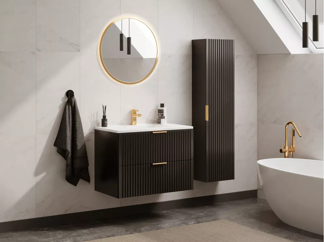Meuble de salle de bain suspendu strié avec vasque à encastrer - Noir - 80 cm - ZEVARA