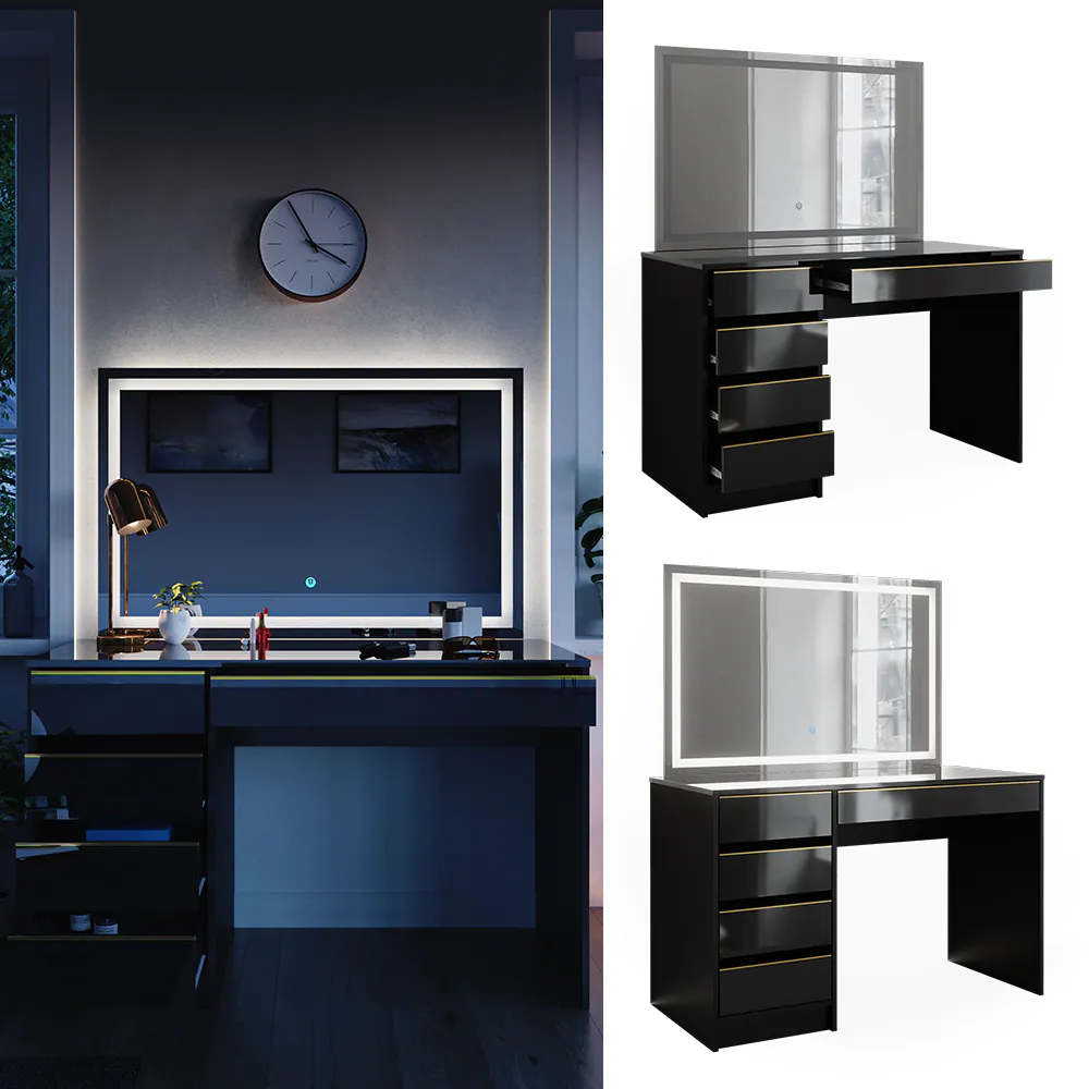 Vicco Schminktisch Sherry Schwarz Hochglanz Gold 120 x 75 cm 5 Schubladen LED-Spiegel