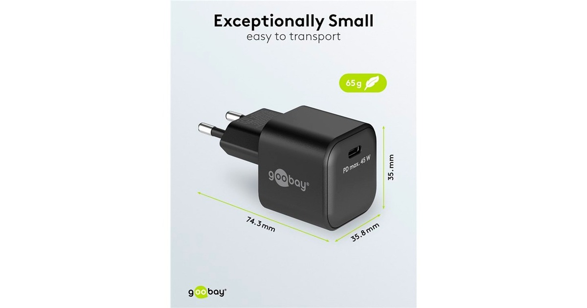 goobayUSB-C PD GaN snellader Nano (45 W)   (Zwart, 1x USB-C, Power Delivery 3.0)