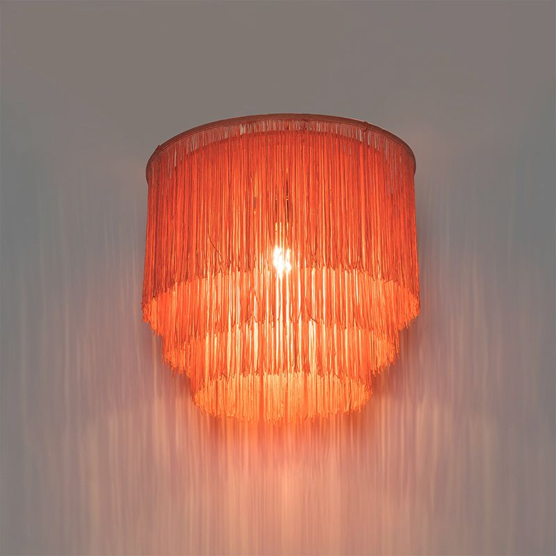 Oosterse plafondlamp goud roze kap met franjes - Franxa