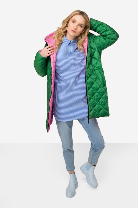 Wende-Steppjacke, extra lang, wasserabweisend, Kapuze, Langarm