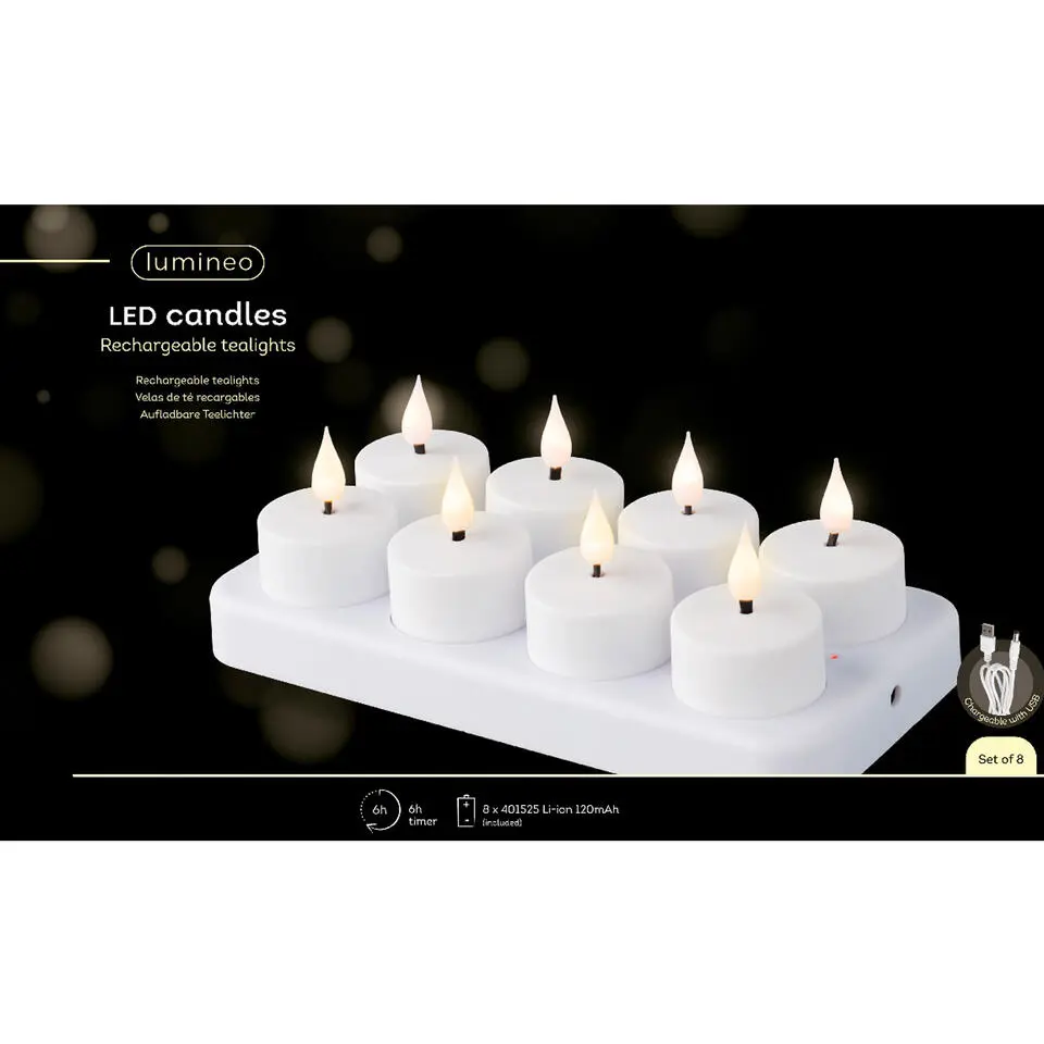 Lumineo Oplaadbare LED theelichtjes/waxinelichtjes - 8x - D4 cm