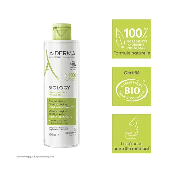 Água Micelar Dermatológica Hidratante Orgânica A-Derma Biology 400ml
