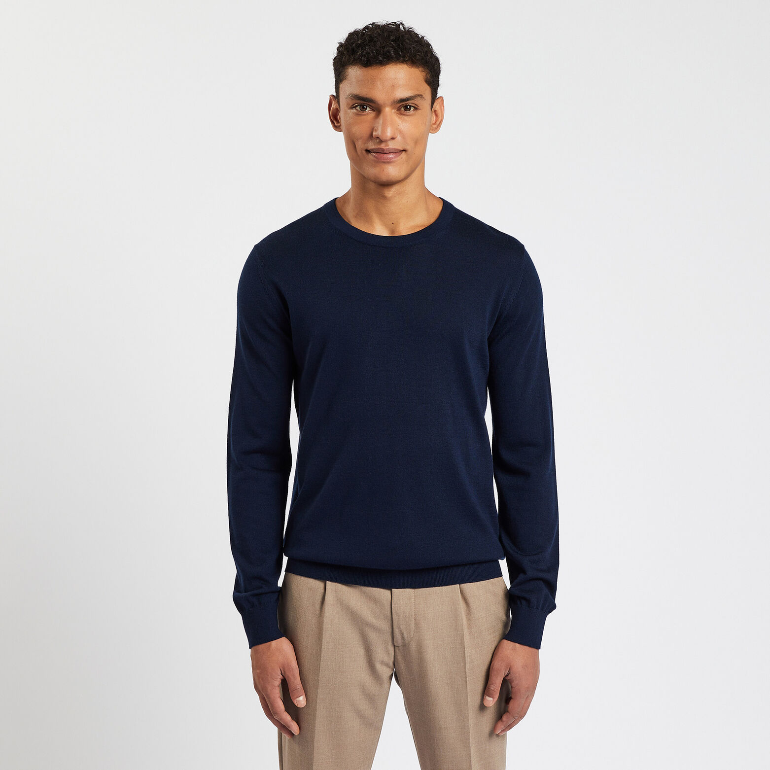 Pull col rond en laine mérinos Bleu moyen
