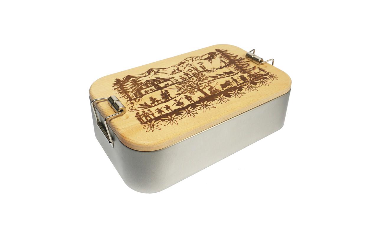 Lunchbox Metall Swiss Tradition Braun, SilberBox mit Holzdeckel