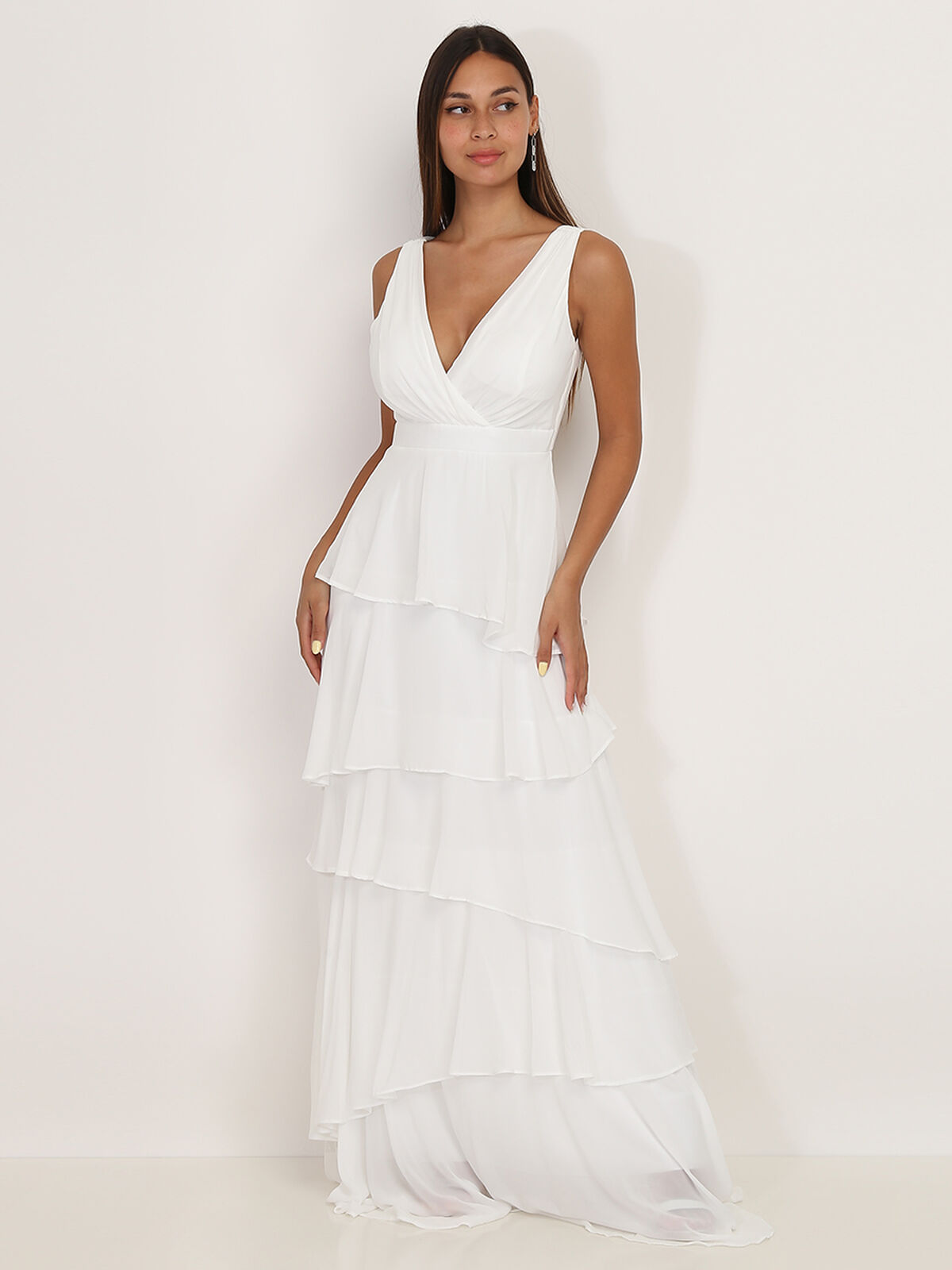 Robe longue à volants- Blanc