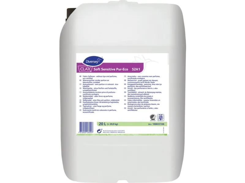 Tøjvask Skyllemiddel Clax Soft Sensitive Pur-Eco 52A1 Svane uden Parfume 20 ltr,20 ltr/dnk