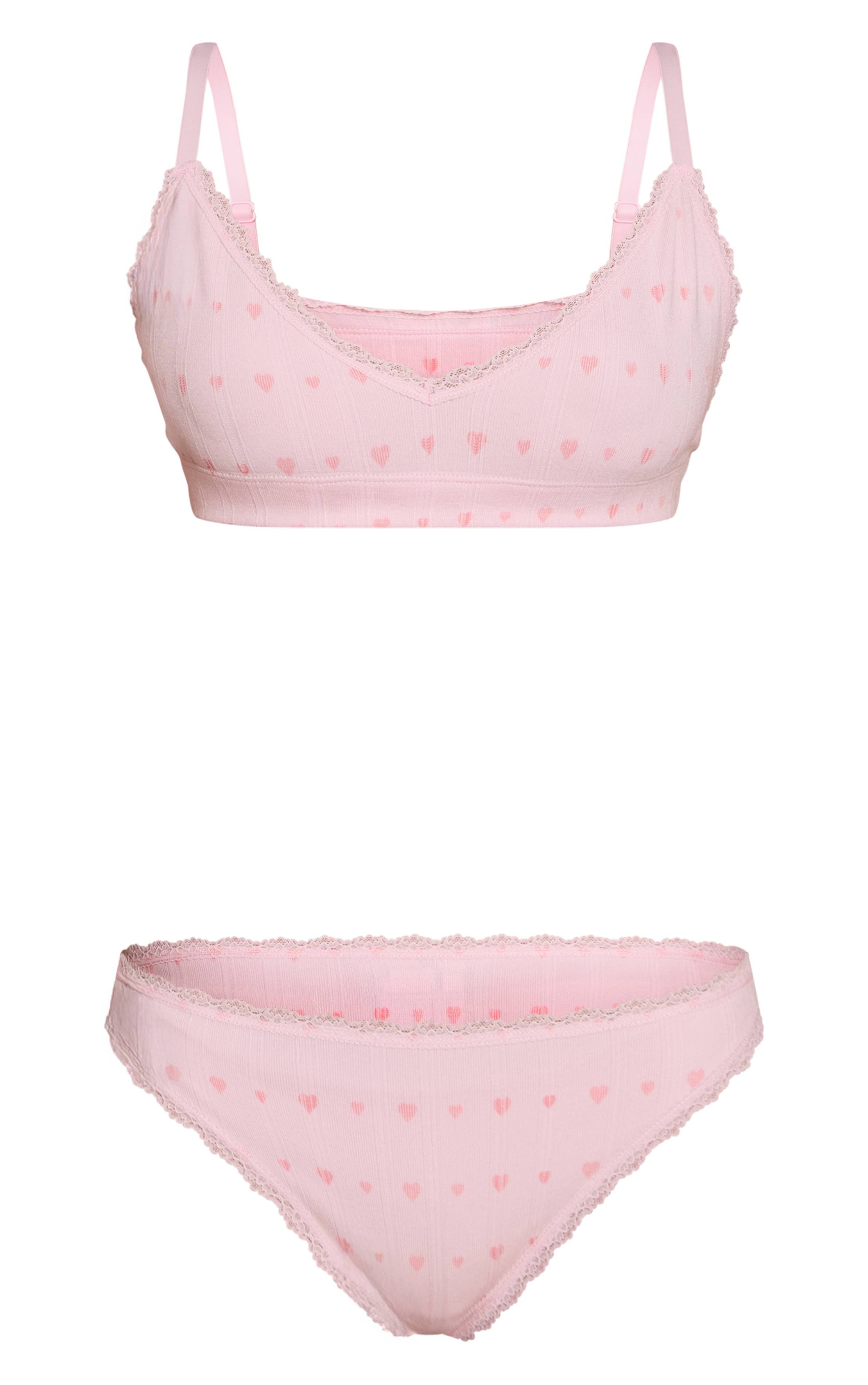 Rose Ensemble Bralette Et Culotte Brésilienne À Pois Ajourés Cœurs Et Finitions Dentelle