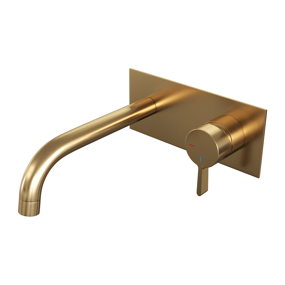 Brauer Gold Edition ColdStart wastafelkraan inbouw gebogen uitloop met achterplaat model E1 geborsteld messing PVD