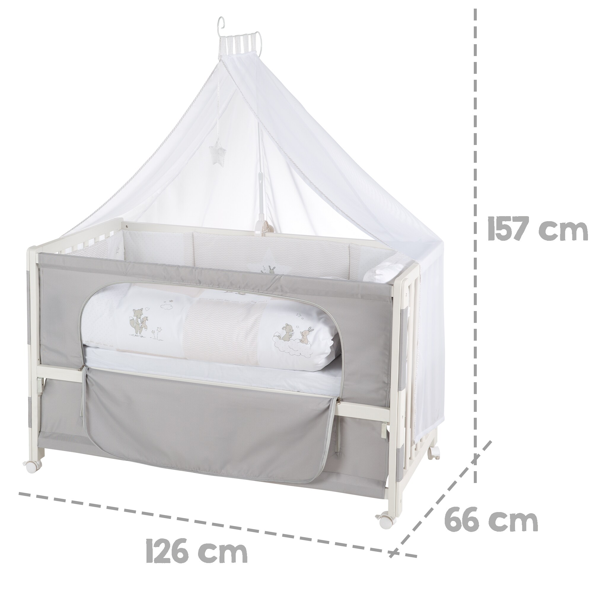 Room Bed 'Fox & Bunny', ca. 60 x 120 cm, höhenverstellbar, Beistellbett inkl. kompletter Ausstattung