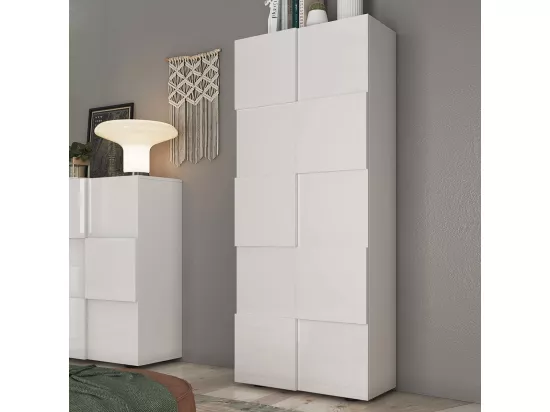 REBECCA - Penderie 2 portes avec 2 étagères Blanc Laqué Weiss Relief Damiers