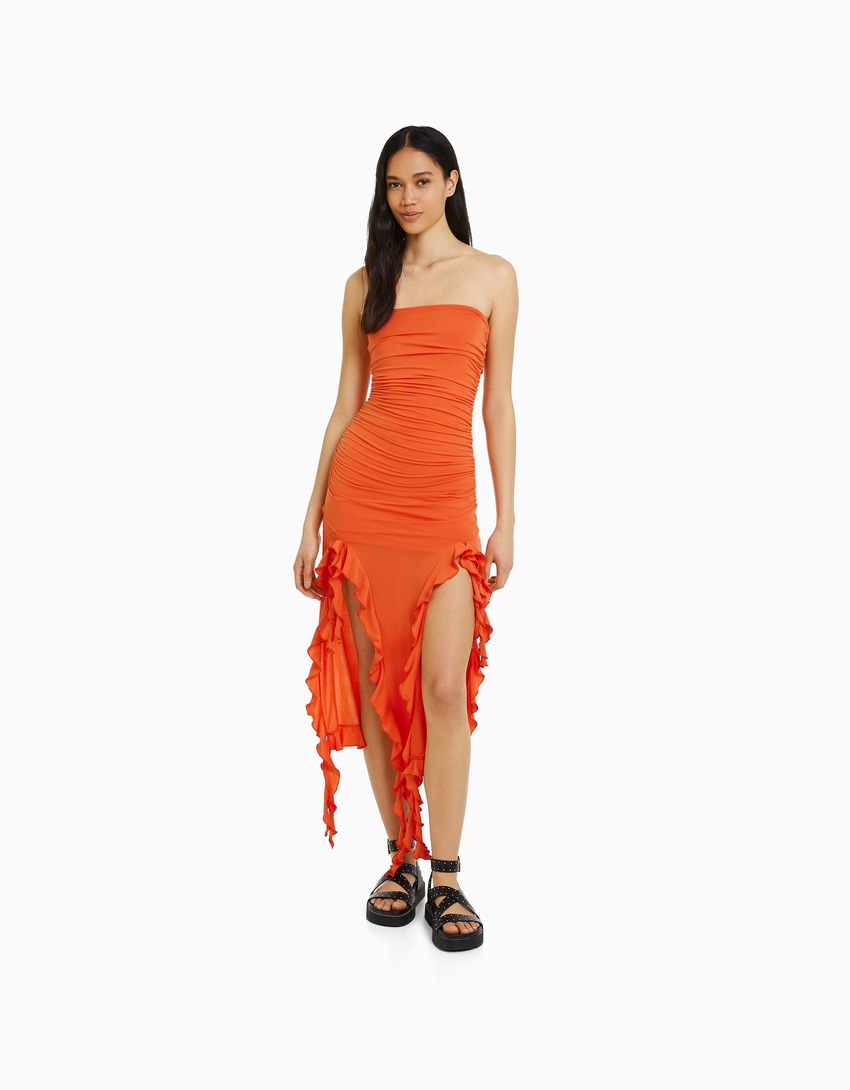 Vestido longo tomara que caia com babados