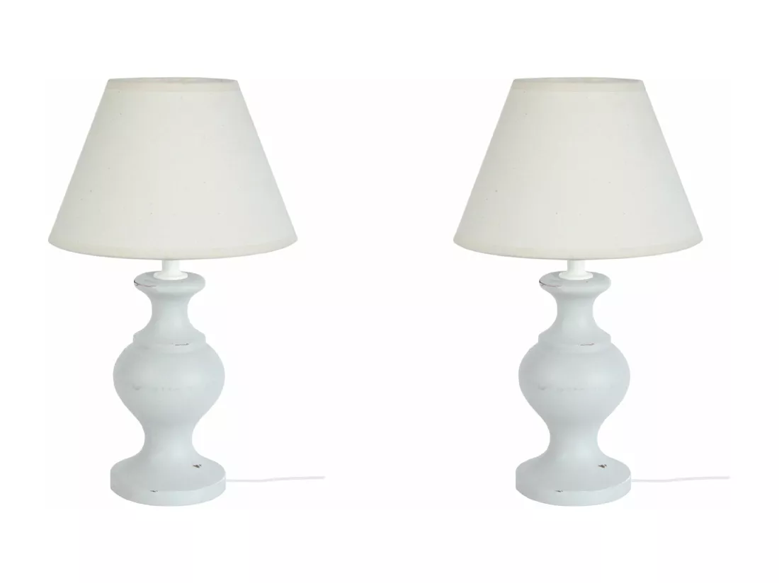 Pair de Lampes de chevet colonne bois blanc cerrusé 30 cm.
