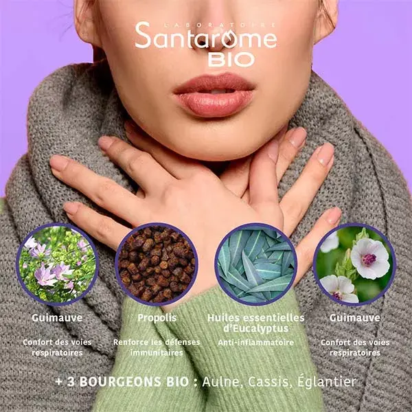 Gomas de mascar orgânicas Santarome Bio Respir'Rub para dor de garganta com própolis 45g