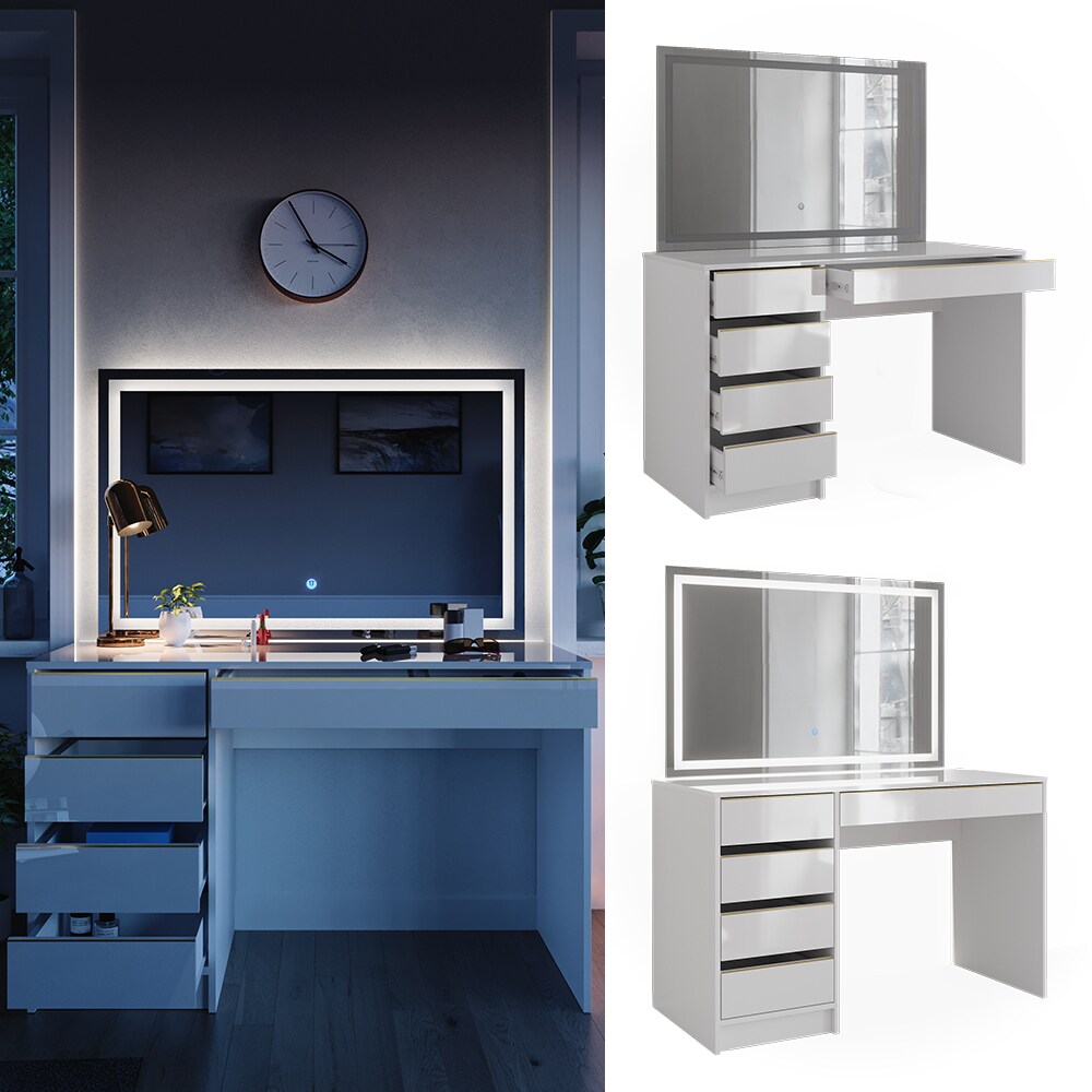 Vicco Schminktisch Sherry Weiß Hochglanz Gold 120 x 75 cm 5 Schubladen LED-Spiegel