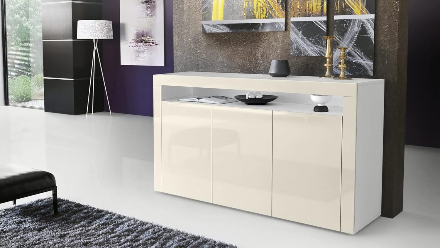 Vladon Sideboard Valencia, Made in Germany, Kommode mit 3 Türen und 1 offenem Fach, Weiß matt/Creme Hochglanz (155 x 92 x 40 cm)