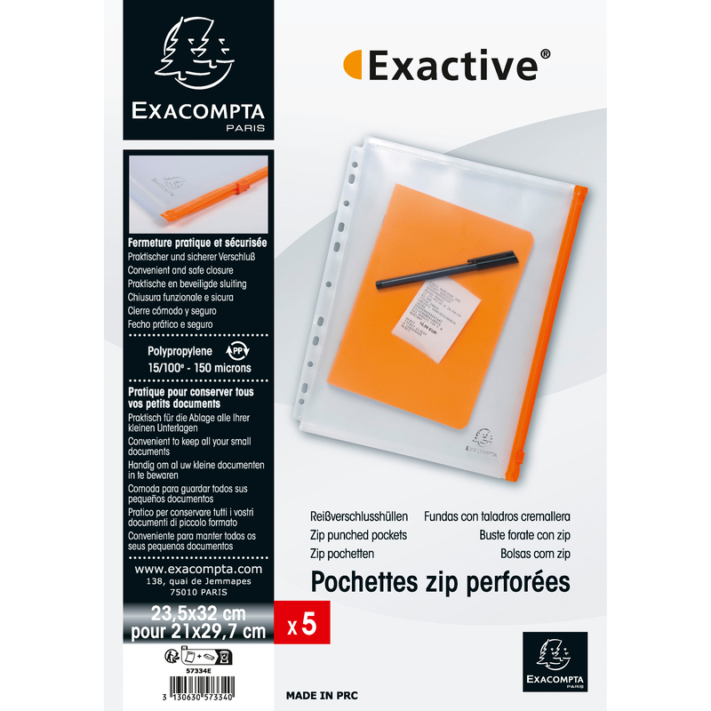 Exacompta Zeigetaschen mit Zipverschluss Exactive, 5 Stück, A4, 150 µm, glatt, transparent/orange