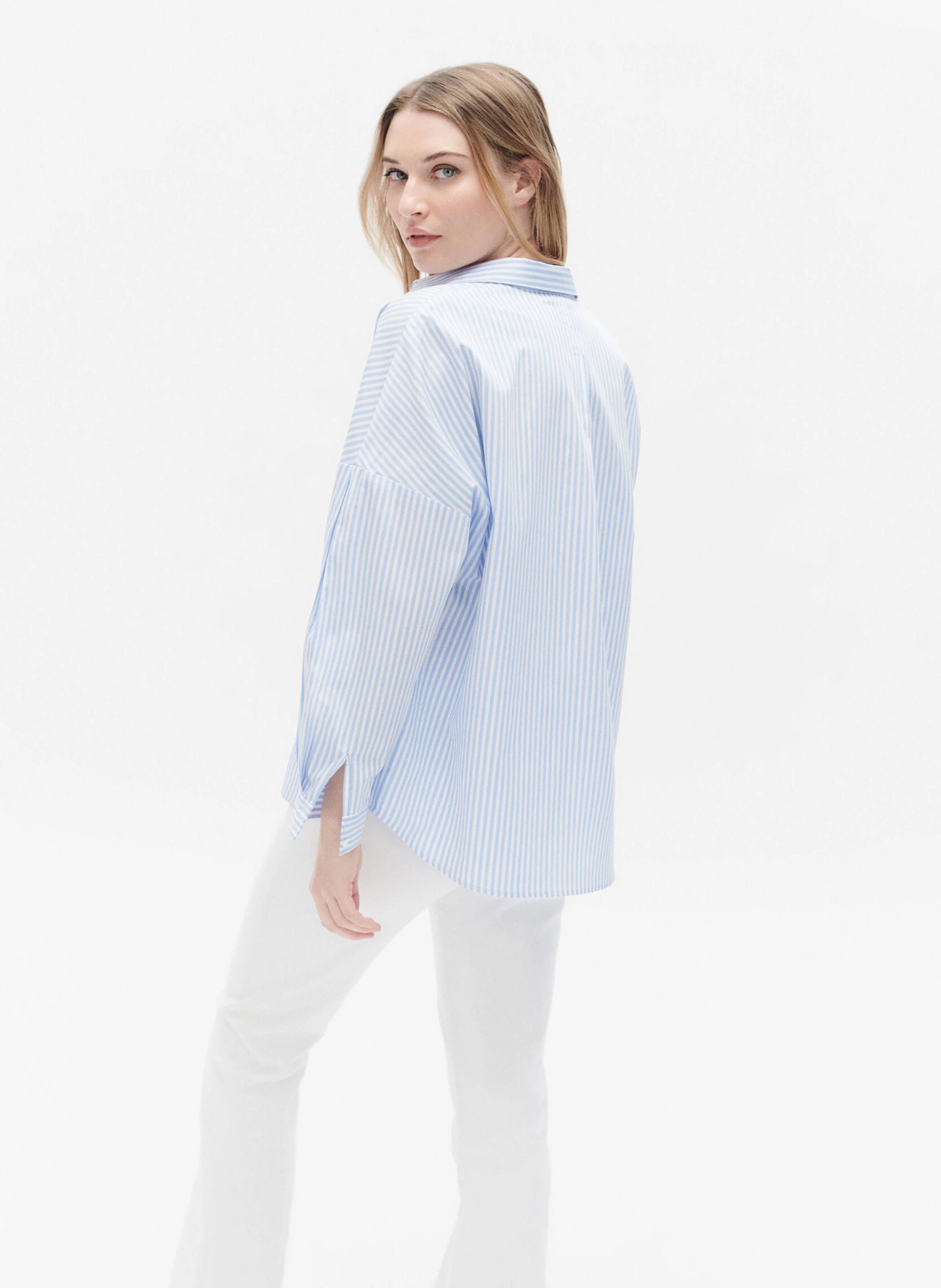 CLAUDINE - Chemise col classique rayée en coton | Bleu