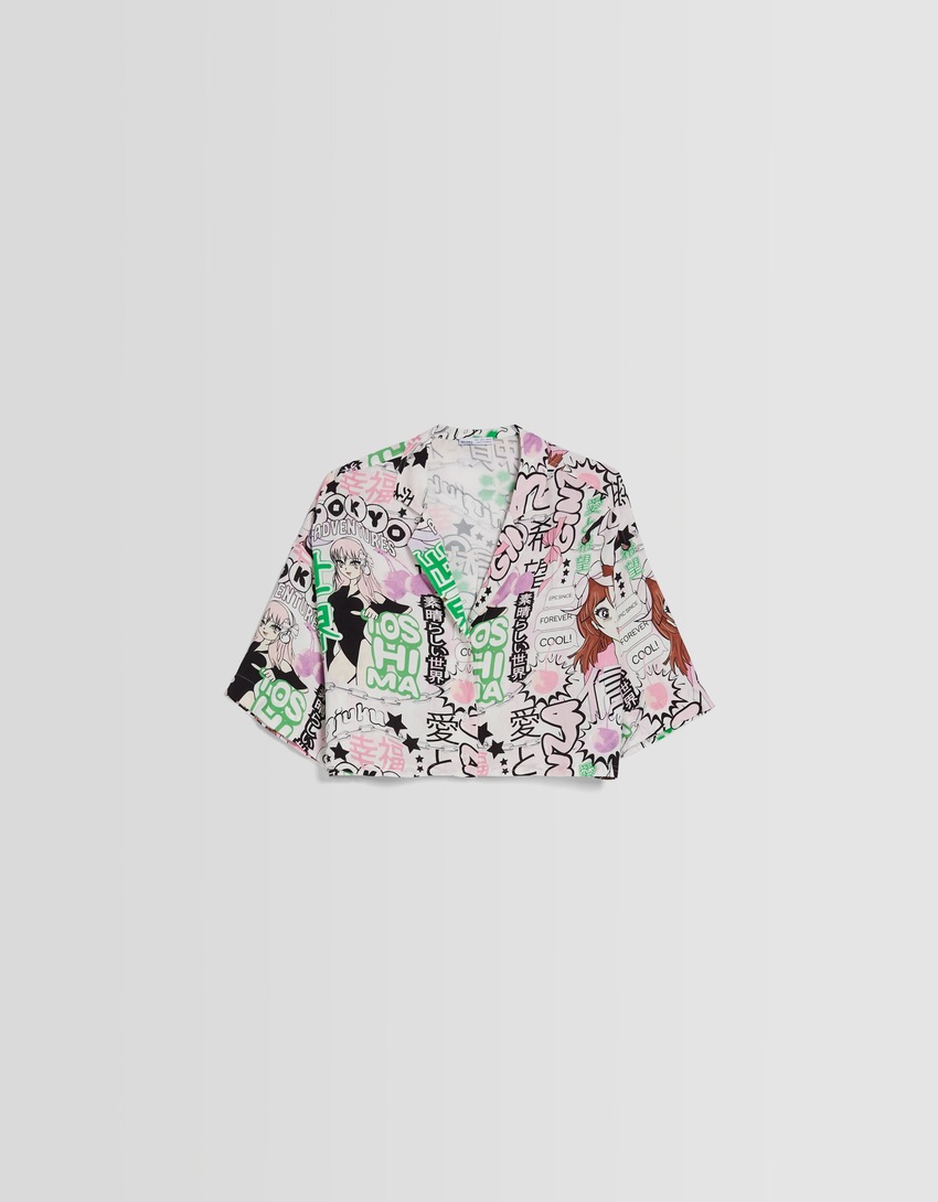 Camisa cropped estampada de manga 3/4