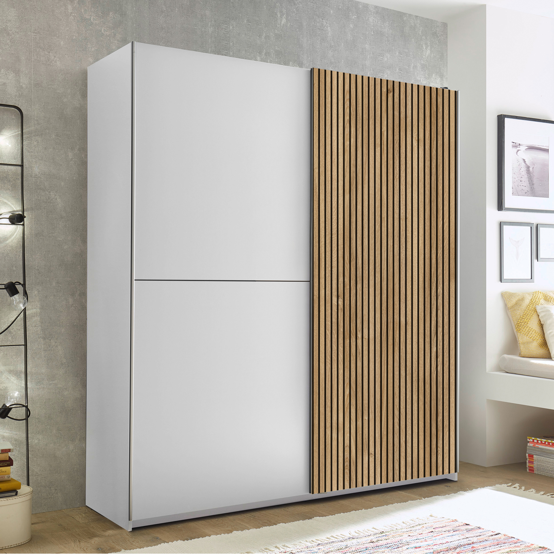 Schwebetürenschrank - weiß-Karlstad Eiche - 2 Kleiderstangen - 170 cm