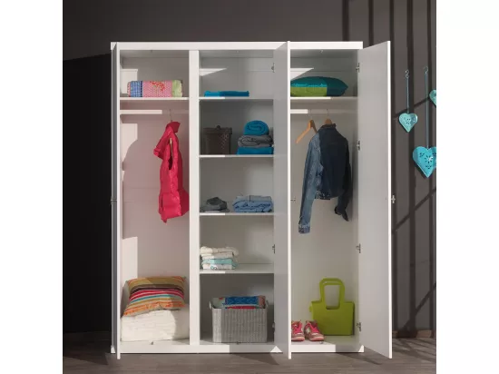 CLEO - Armoire 3 Portes Effet Lambris Blanc Laqué