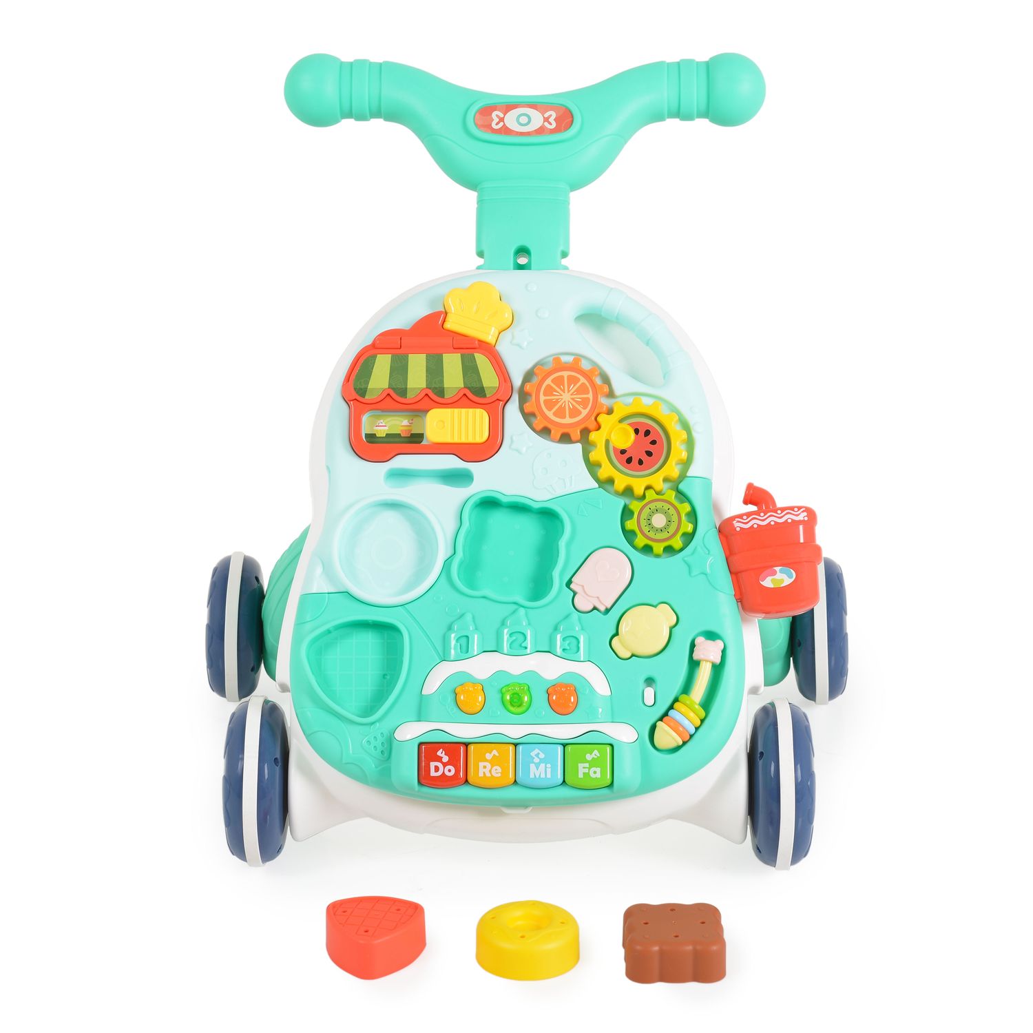 Moni Lauflernwagen 2 in 1 Korb, Musikfunktion, Spieltisch, Bälle, Spielcenter türkis