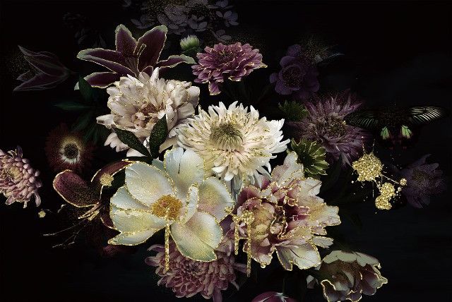 Glasschilderij Bloemen met Gouden Rand 080120-522B120 x D0.4 x H80 cm