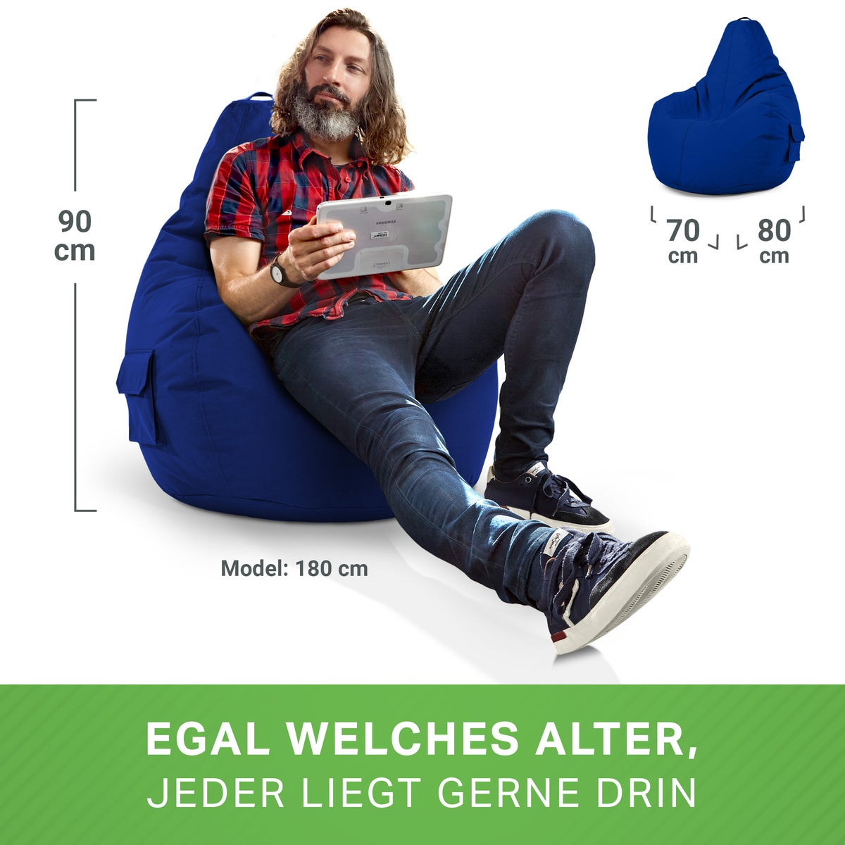 Green Bean Zitzak met rugleuning 80x70x90cm - Gaming stoel met 230L vulling, comfortabel, zacht, wasbaar - Zitzak vloerkussen, loungestoel, voetenbank, relaxstoel, gamer gaming stoel, blauw
