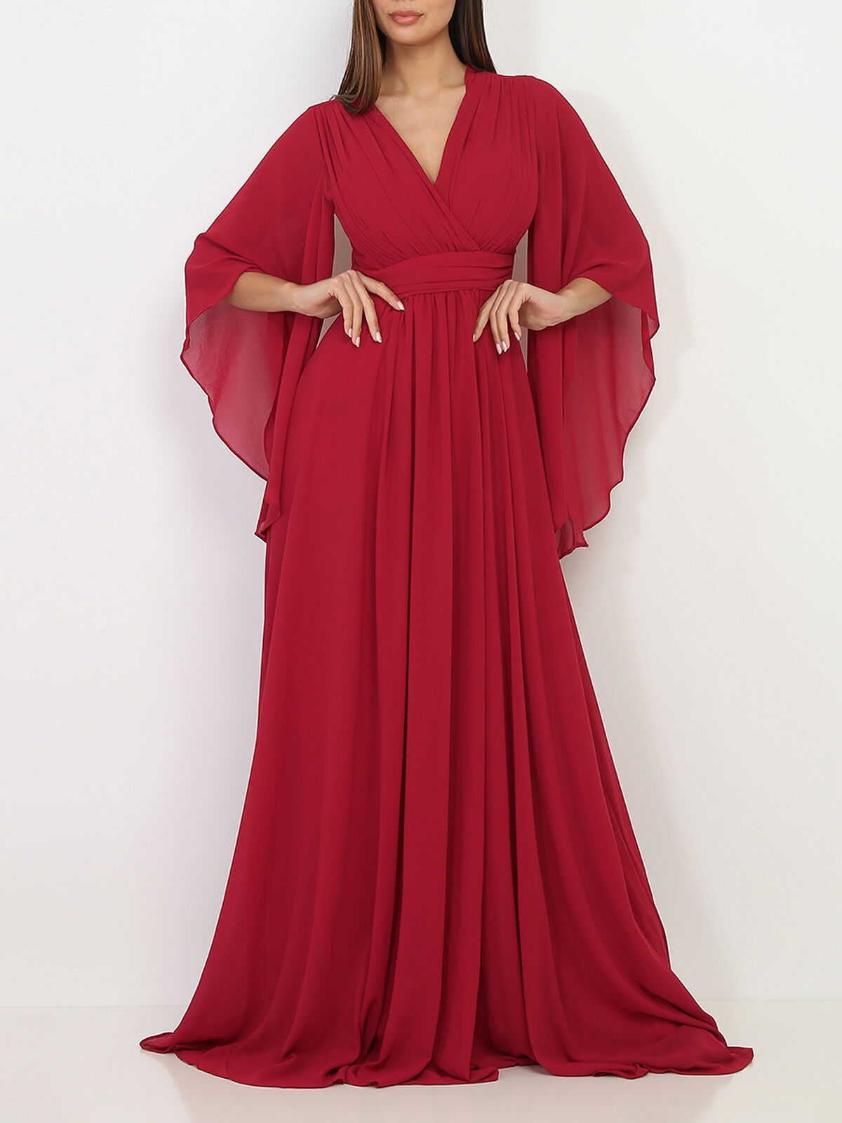 Robe longue drapée à manches volantées- Rouge