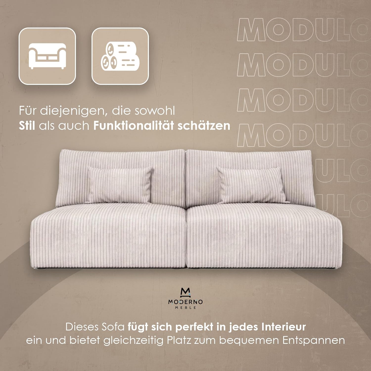 Moderno Sofa mit Schlaffunktion Modulo - Modern Cord Sofa mit 2 Sitzen und Robusten Überzug - Modular Schlafcouch - Couch mit Bettzeugcontainern - 210x80x108 cm - Creme