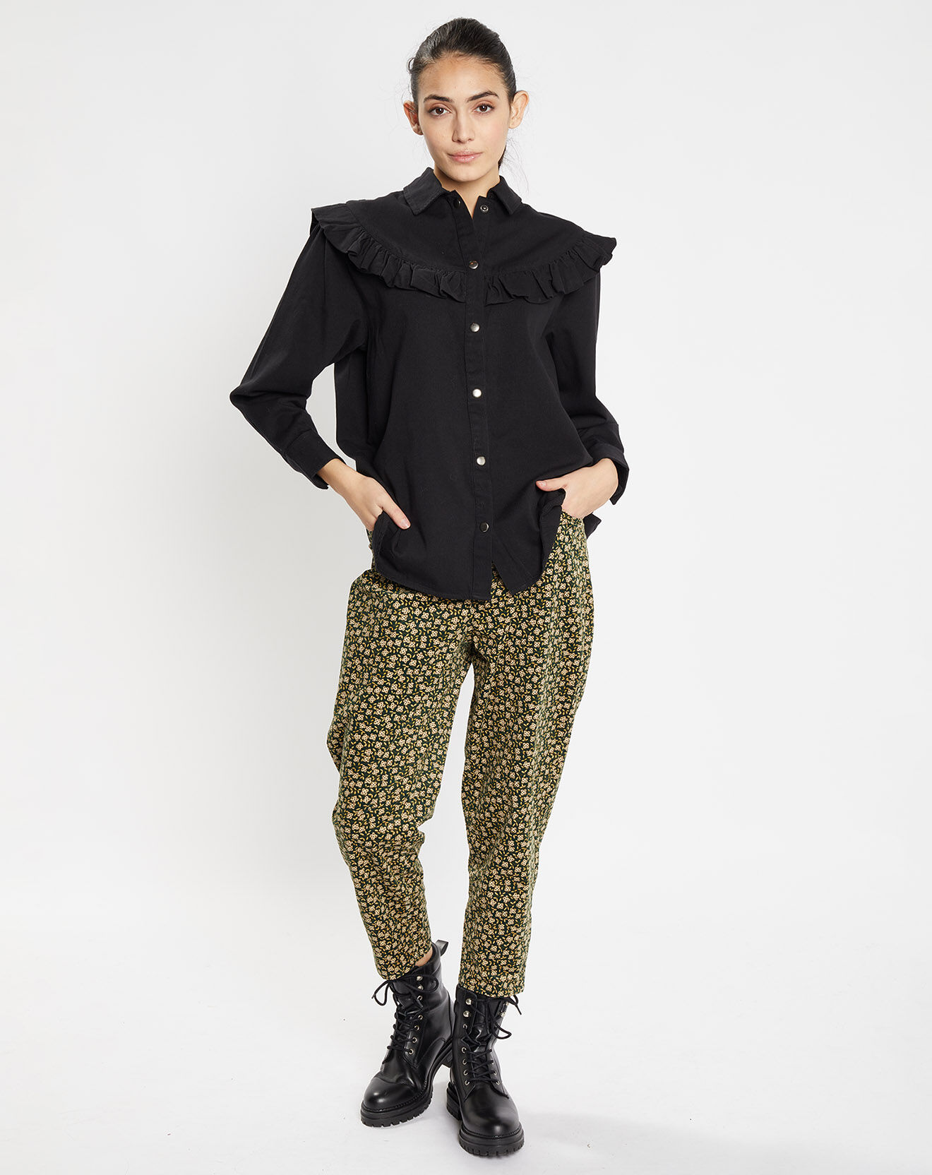 Galeries Lafayette Chemise en Coton bio Candy volant en plastron noire