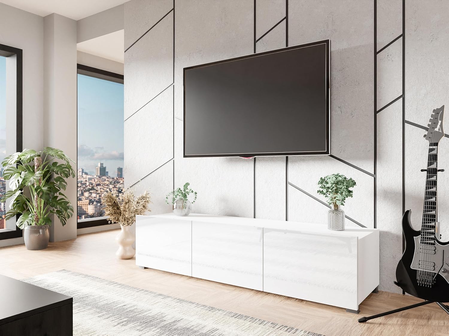 Mirjan24 TV Schrank Calabrini 150 BR04 TV Lowboard mit Grifflose Öffnen, Fernsehschrank Hängeschrank Hochglanz Matt Wohnwand (Weiß/Weiß Hochglanz)