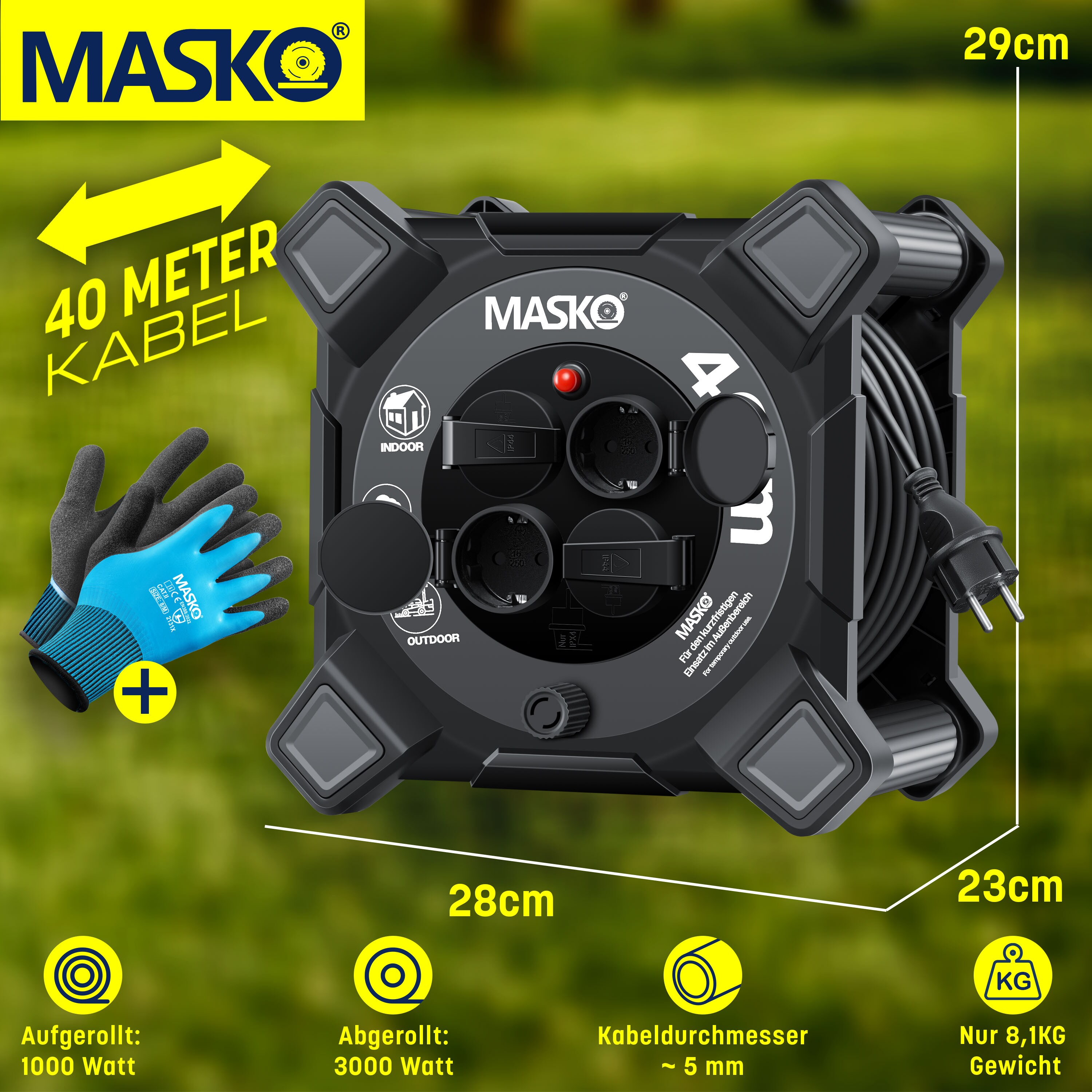MASKO® Kabeltrommel Verlängerungskabel mit Schutzkontaktsteckdosen & Wickelgriff | Outdoor Kabelaufroller Thermoschutz | Gerätetrommel IP44 1000W ~ 3000W | inkl. Tragegriff und Montagehandschuhe