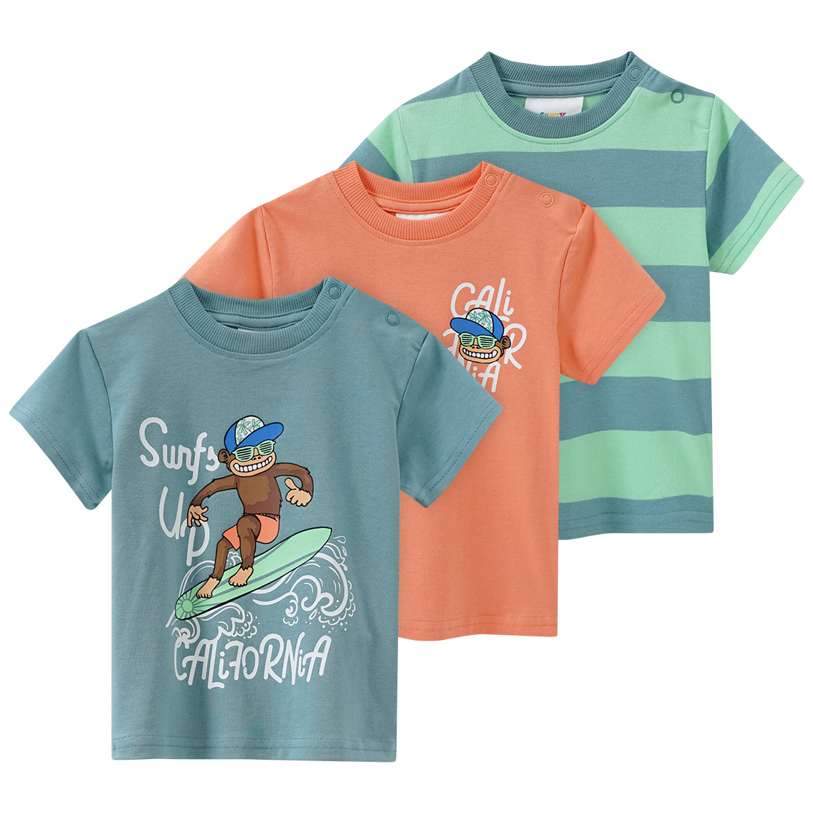 Famy 3 Baby T-Shirts in verschiedenen Dessins dunkelgrün / hellgrün / orange