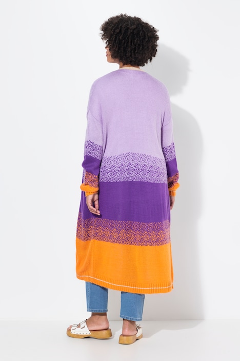 Strickjacke, offene Form, Feinstrick, Blockstreifen, Langarm