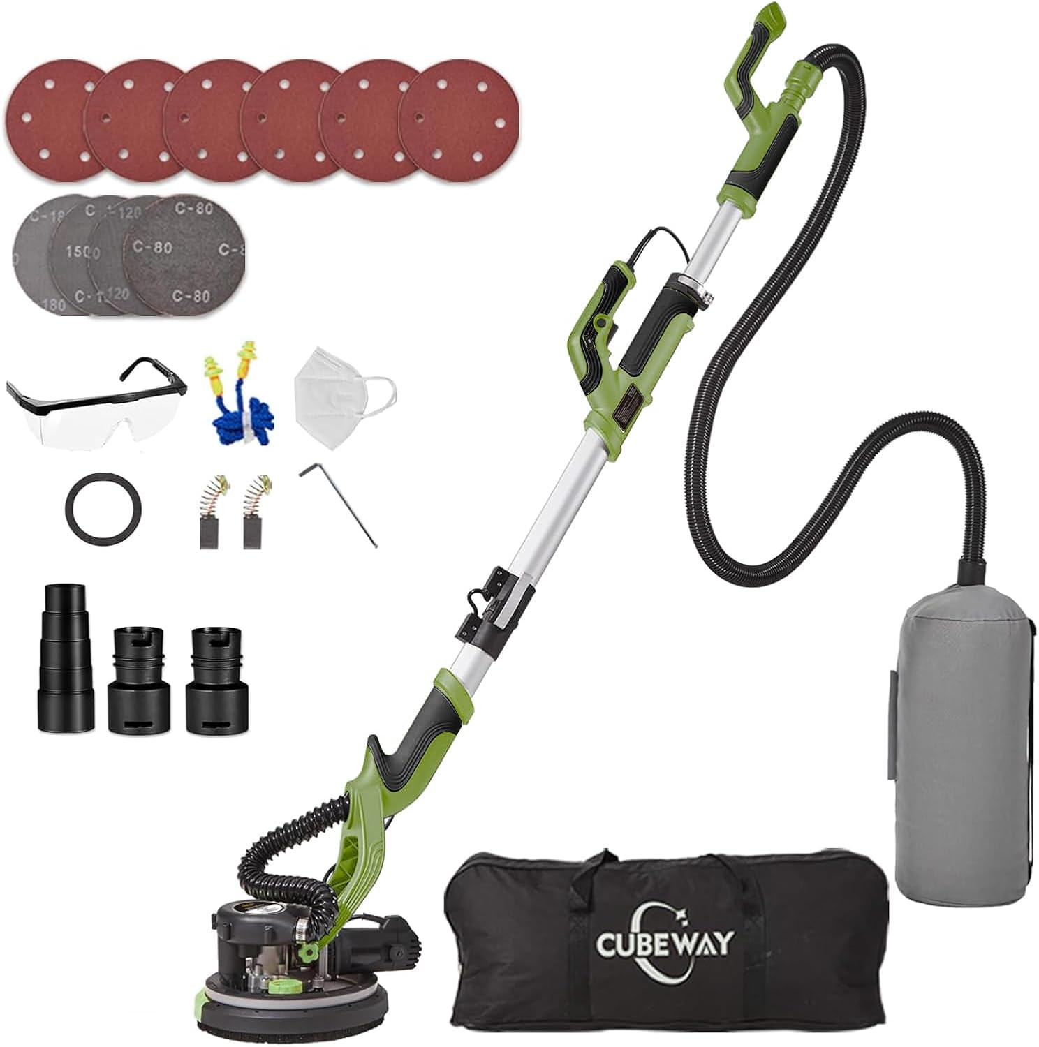 Giraffenschleifer, 750 W, professionell, mit automatischem Vakuumsystem und LED-Licht, Wand- und Teleskop-Deckenschleifer, Durchmesser 215 mm, 7 Geschwindigkeitsstufen, 900-1800 U/min (grün)