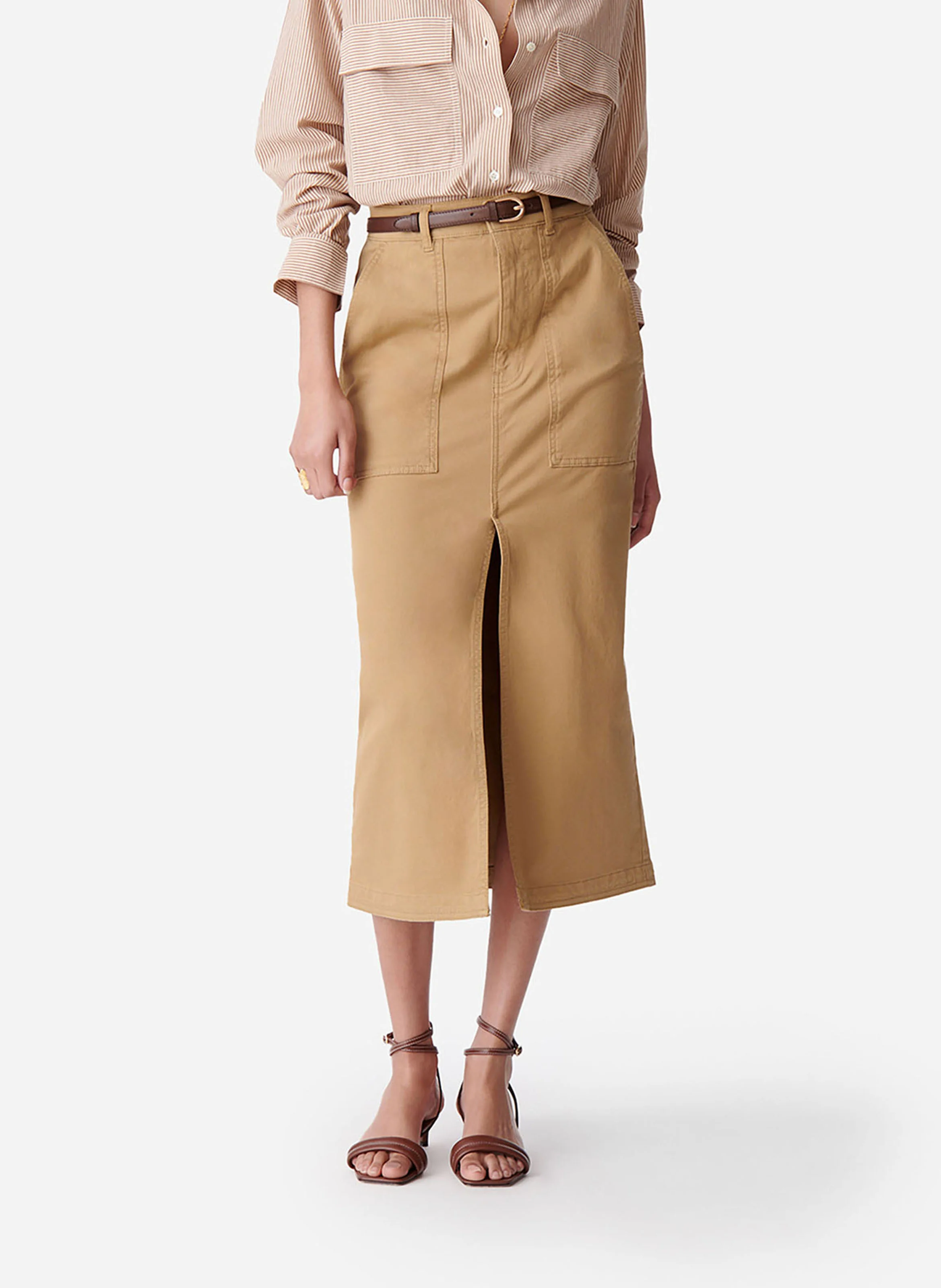 DRAGA - Jupe midi droite en coton mélangé | Beige