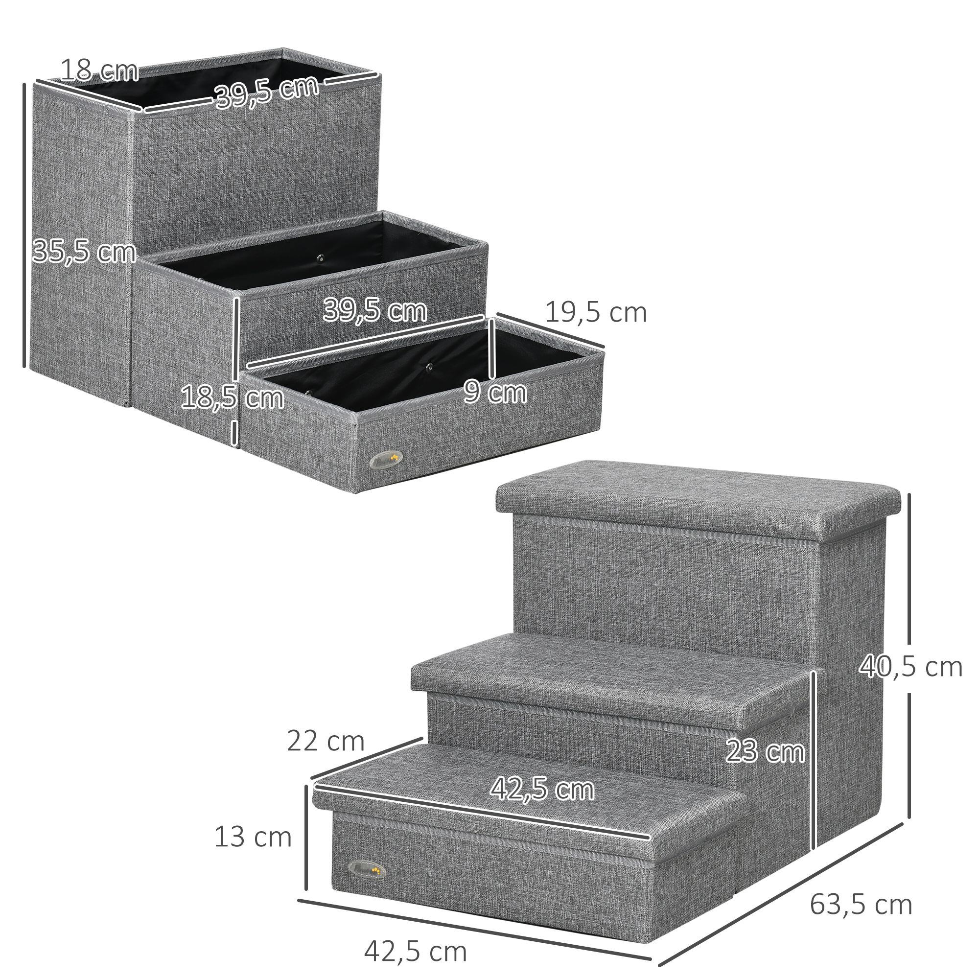 Escada PawHut de 3 degraus para cães e gatos com tampas que abrem e espaço de armazenamento, 63,5 x 42,5 x 40,5 cm, cinza