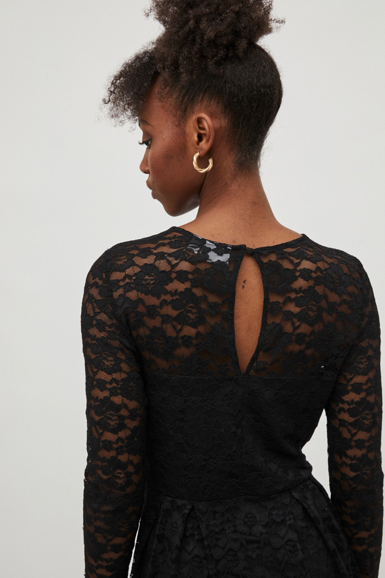 Vestido de renda de manga comprida - Preto