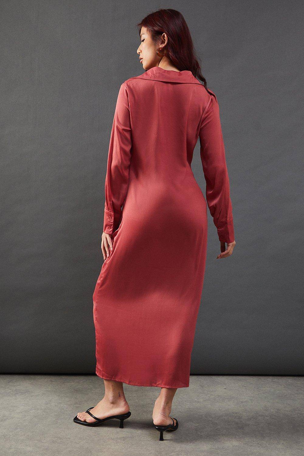 Warehouse Robe Chemise Mi-Longue Satinée à Fronces Devant