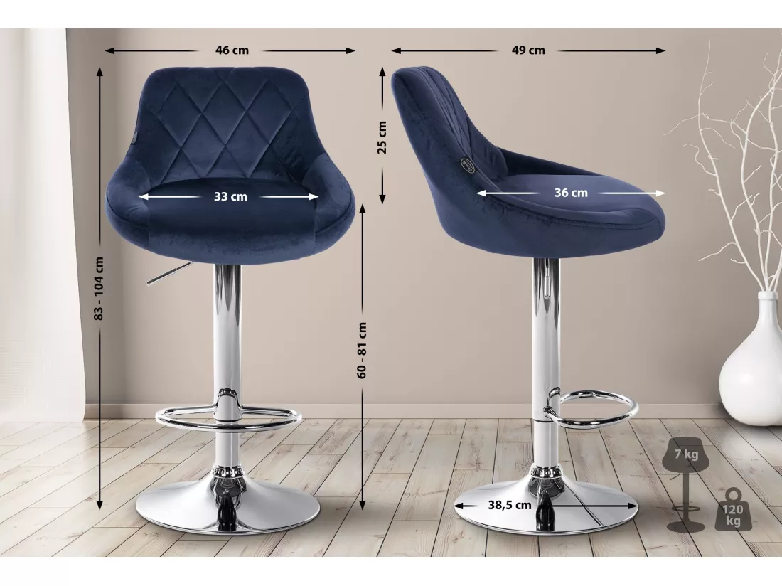 Lot de 2 Tabouret de bar - Velours & Métal - Bleu - Lazio