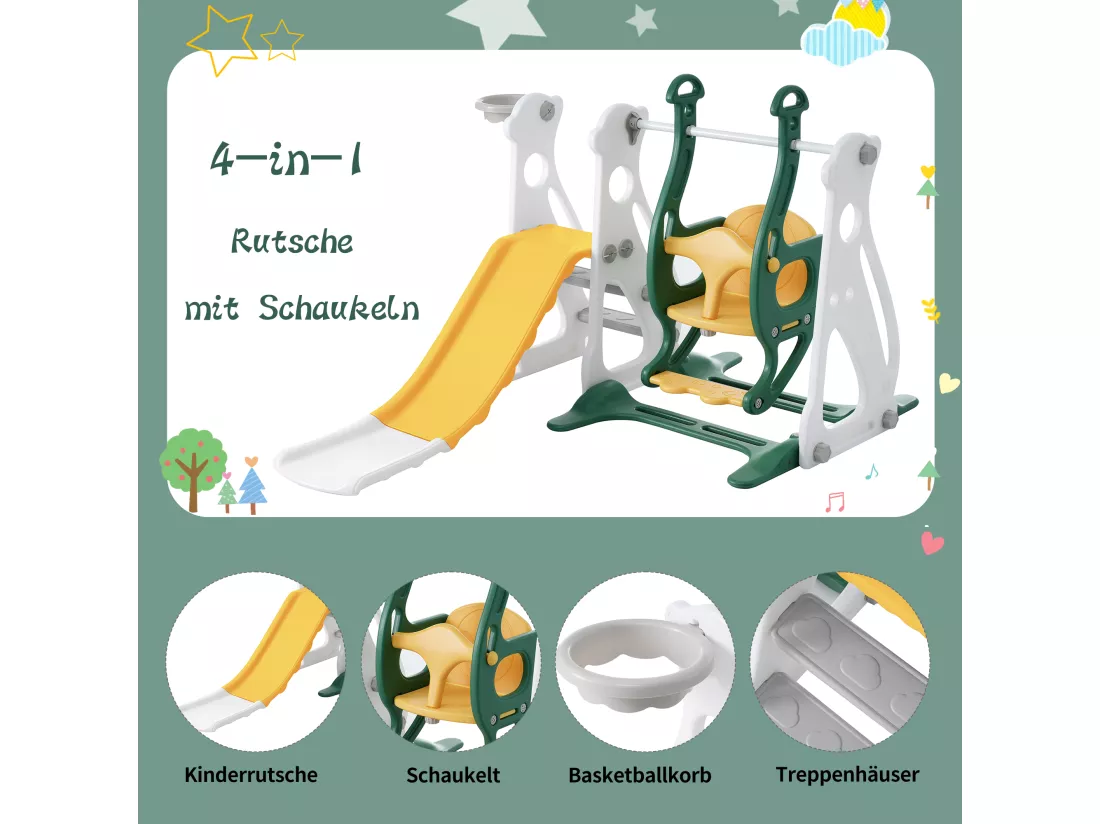 Toboggan 4 en 1 - avec escalier, balançoire, panier de basket - vert