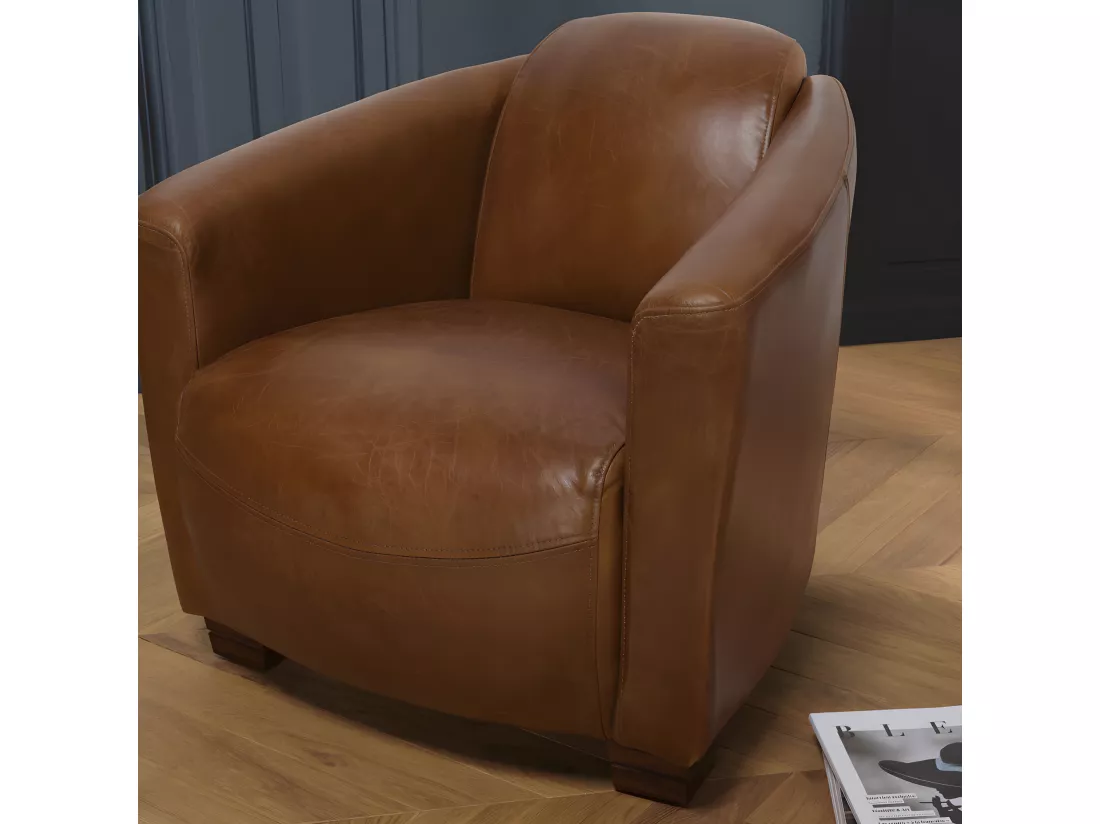 GASTON - Fauteuil marron CHICAGO vintage cuir pieds bois